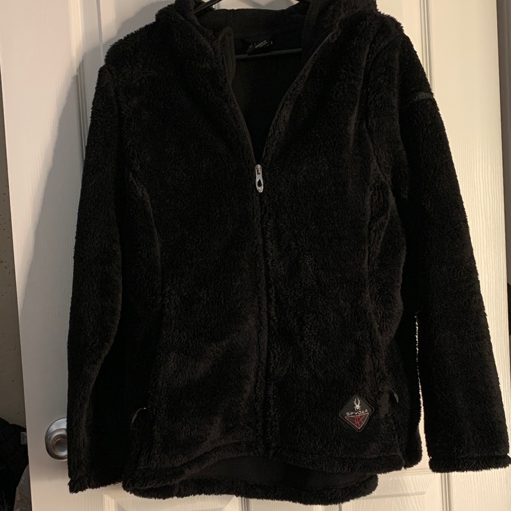 Spyder Black Plush Jacket with Red Logo Patch